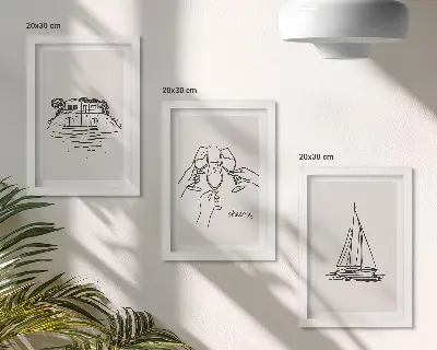 Juego de 3 cuadros decorativos vistas de la casa junto al agua con copas de brindis y velero