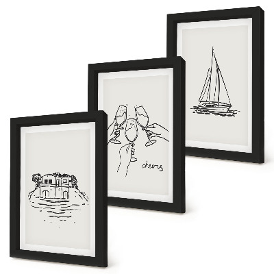 Juego de 3 cuadros decorativos Vistas de la casa junto al agua, brindis con copas, velero