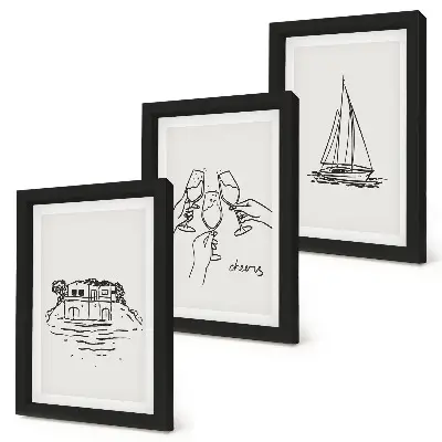 Juego de 3 cuadros decorativos vistas de la casa junto al agua con copas de brindis y velero
