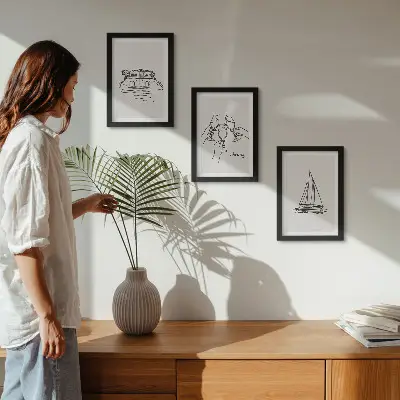 Juego de 3 cuadros decorativos vistas de la casa junto al agua con copas de brindis y velero