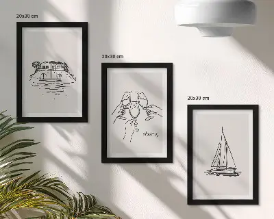 Juego de 3 cuadros decorativos vistas de la casa junto al agua con copas de brindis y velero