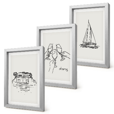 Juego de 3 cuadros decorativos Vistas de la casa junto al agua, brindis con copas, velero
