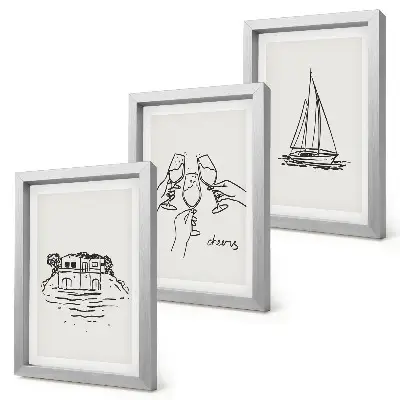 Juego de 3 cuadros decorativos vistas de la casa junto al agua con copas de brindis y velero