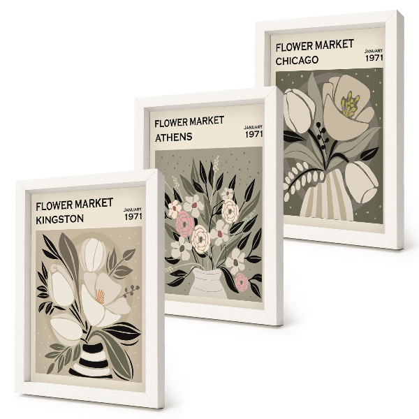 Juego de 3 cuadros decorativos Arreglos florales de estilo retro de varias ciudades.