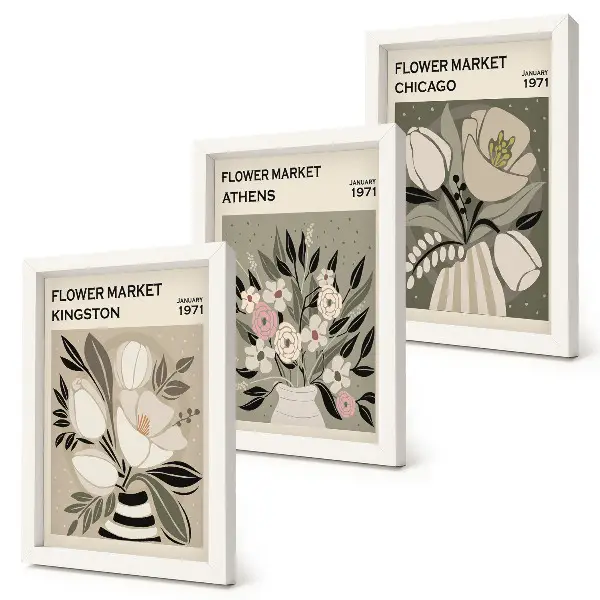 Juego de 3 cuadros decorativos con arreglos florales retro de diversas ciudades