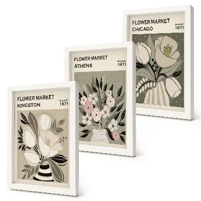 Juego de 3 cuadros decorativos con arreglos florales retro de diversas ciudades