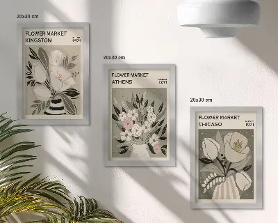 Juego de 3 cuadros decorativos con arreglos florales retro de diversas ciudades