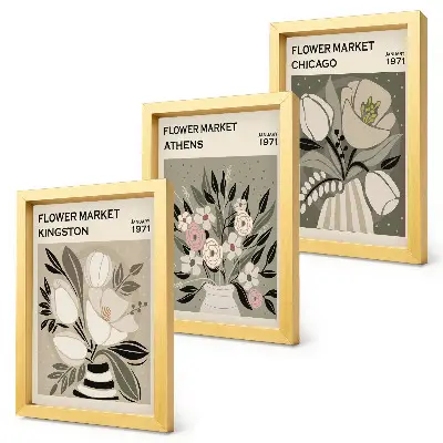 Juego de 3 cuadros decorativos con arreglos florales retro de diversas ciudades