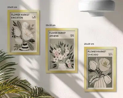 Juego de 3 cuadros decorativos con arreglos florales retro de diversas ciudades
