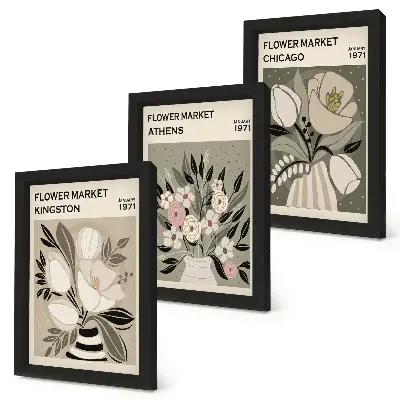 Juego de 3 cuadros decorativos con arreglos florales retro de diversas ciudades