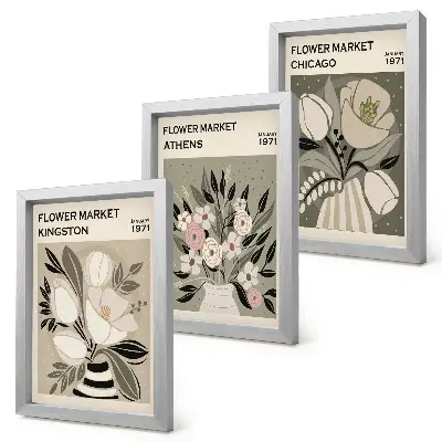 Juego de 3 cuadros decorativos con arreglos florales retro de diversas ciudades