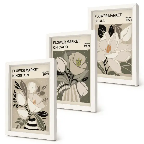 Juego de 3 cuadros decorativos con diseño retro de flores de los mercados de Kingston, Chicago y Seúl