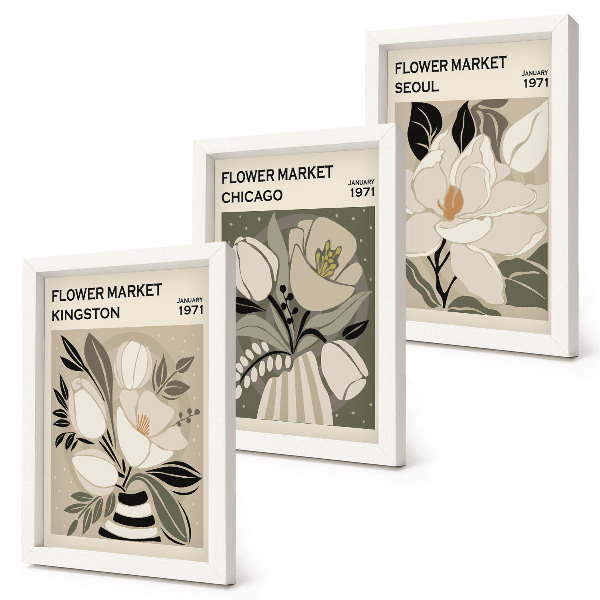 Juego de 3 cuadros decorativos Flores de los mercados de Kingston, Chicago y Seúl con un estilo retro.
