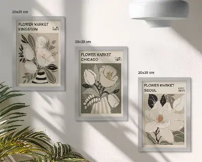 Juego de 3 cuadros decorativos con diseño retro de flores de los mercados de Kingston, Chicago y Seúl