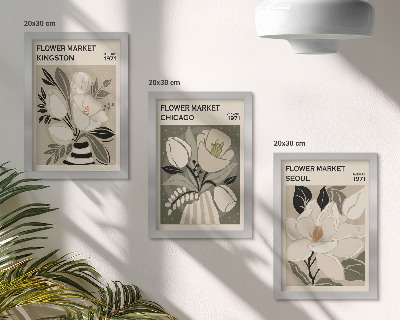 Juego de 3 cuadros decorativos Flores de los mercados de Kingston, Chicago y Seúl con un estilo retro.
