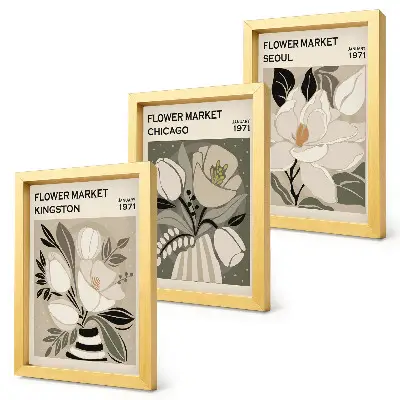 Juego de 3 cuadros decorativos con diseño retro de flores de los mercados de Kingston, Chicago y Seúl