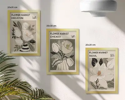 Juego de 3 cuadros decorativos con diseño retro de flores de los mercados de Kingston, Chicago y Seúl