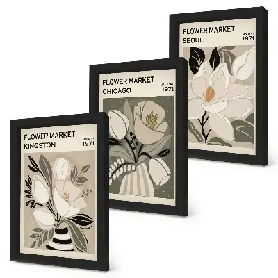 Juego de 3 cuadros decorativos con diseño retro de flores de los mercados de Kingston, Chicago y Seúl