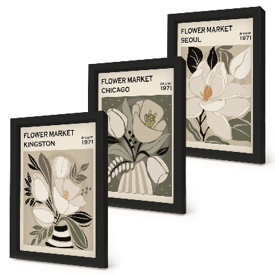 Juego de 3 cuadros decorativos Flores de los mercados de Kingston, Chicago y Seúl con un estilo retro.