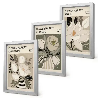 Juego de 3 cuadros decorativos con diseño retro de flores de los mercados de Kingston, Chicago y Seúl