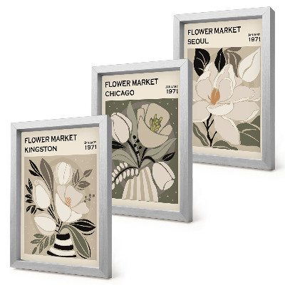 Juego de 3 cuadros decorativos Flores de los mercados de Kingston, Chicago y Seúl con un estilo retro.