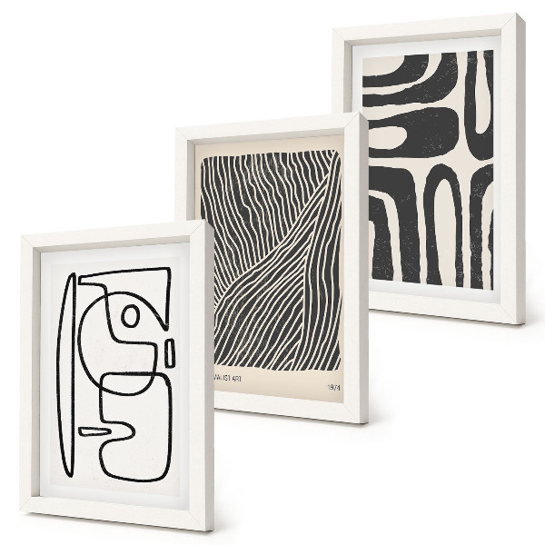 Tríptico enmarcado Diseños abstractos con líneas y texturas sobre un fondo claro.