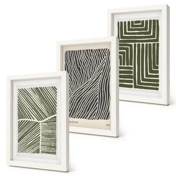 Juego de 3 cuadros decorativos con patrones de líneas y formas en tonos verdes