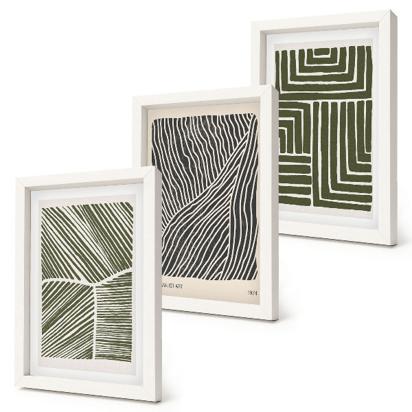 Juego de 3 cuadros decorativos Patrones de líneas y formas en tonos verdes