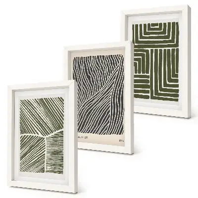 Juego de 3 cuadros decorativos con patrones de líneas y formas en tonos verdes