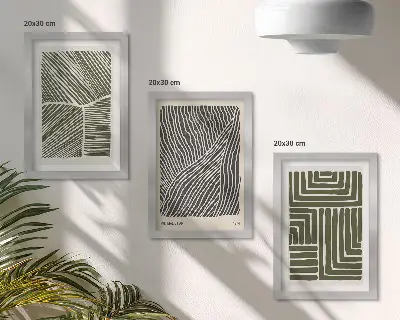 Juego de 3 cuadros decorativos con patrones de líneas y formas en tonos verdes