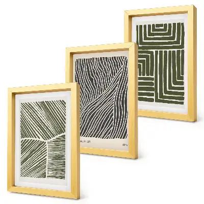 Juego de 3 cuadros decorativos con patrones de líneas y formas en tonos verdes