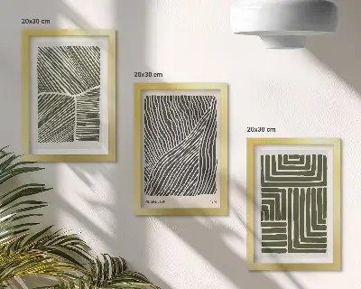 Juego de 3 cuadros decorativos con patrones de líneas y formas en tonos verdes