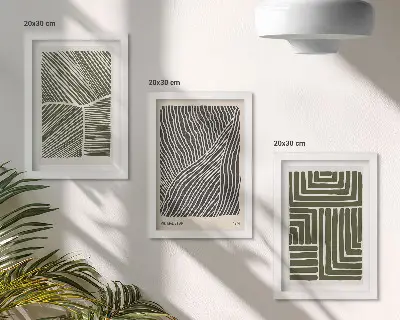 Juego de 3 cuadros decorativos con patrones de líneas y formas en tonos verdes