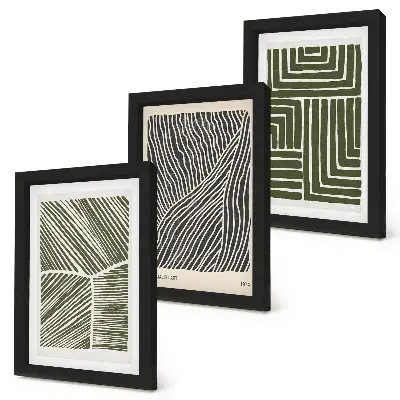 Juego de 3 cuadros decorativos con patrones de líneas y formas en tonos verdes