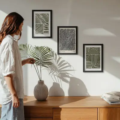 Juego de 3 cuadros decorativos con patrones de líneas y formas en tonos verdes