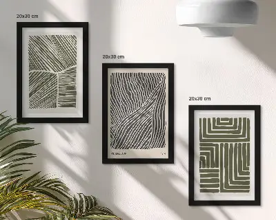 Juego de 3 cuadros decorativos con patrones de líneas y formas en tonos verdes
