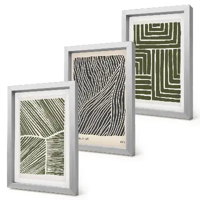 Juego de 3 cuadros decorativos con patrones de líneas y formas en tonos verdes