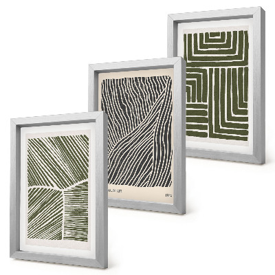 Juego de 3 cuadros decorativos Patrones de líneas y formas en tonos verdes