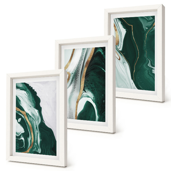 Tríptico enmarcado Diseños abstractos de pintura en verde y blanco.