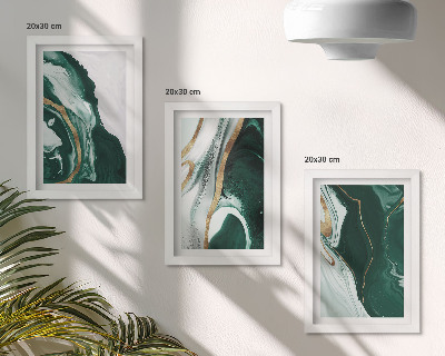 Tríptico enmarcado Diseños abstractos de pintura en verde y blanco.