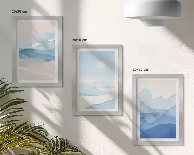 Tríptico de paisajes de montaña en acuarela en tonos azules y rosas enmarcado