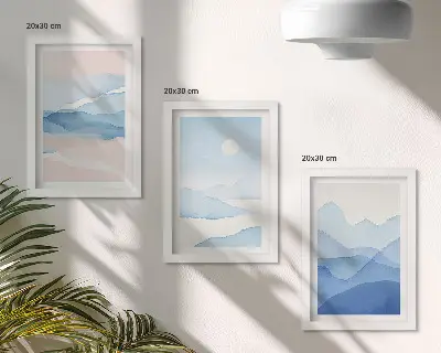 Tríptico de paisajes de montaña en acuarela en tonos azules y rosas enmarcado