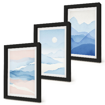Tríptico enmarcado Paisajes de montaña azules y rosas en acuarela