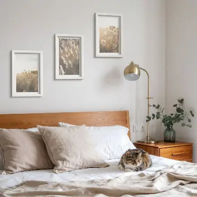 Juego de 3 cuadros decorativos paisaje con hierbas y flores en tonos cálidos