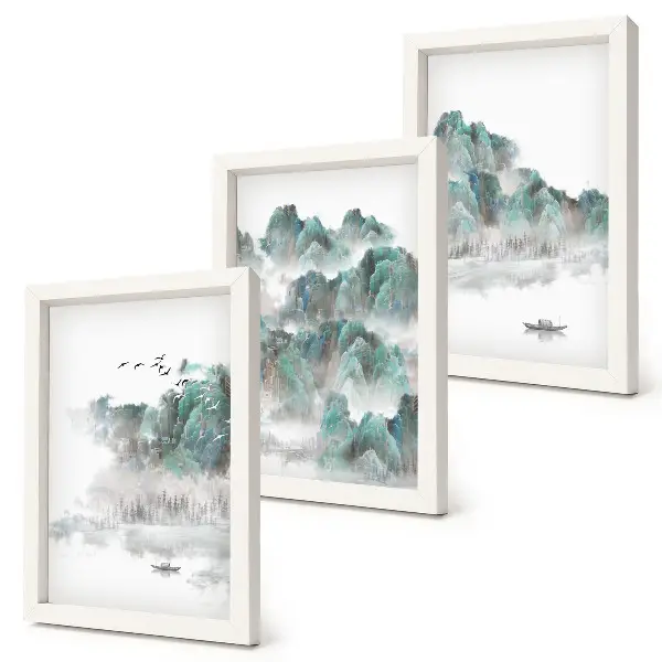 Juego de 3 cuadros decorativos con diseño de montañas entre las nubes con pájaros y barco estilo japandi