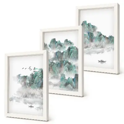 Juego de 3 cuadros decorativos con diseño de montañas entre las nubes con pájaros y barco estilo japandi