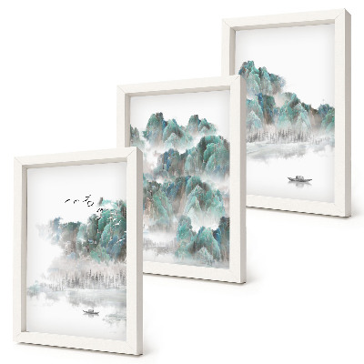 Juego de 3 cuadros decorativos Montañas entre las nubes con pájaros y un barco en el agua japandi