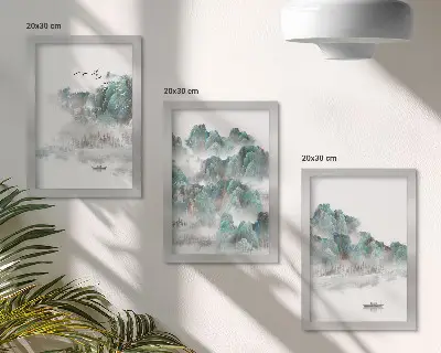 Juego de 3 cuadros decorativos con diseño de montañas entre las nubes con pájaros y barco estilo japandi