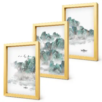 Juego de 3 cuadros decorativos con diseño de montañas entre las nubes con pájaros y barco estilo japandi