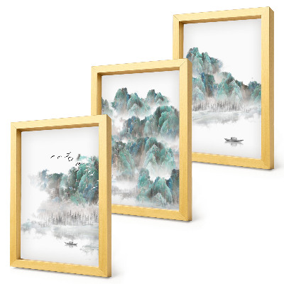 Juego de 3 cuadros decorativos Montañas entre las nubes con pájaros y un barco en el agua japandi